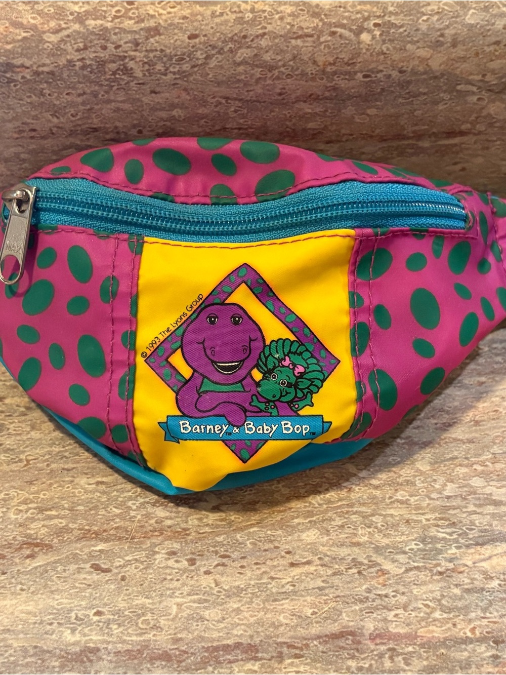 Vintage 1993 Barney and Baby Bop Polka Dot Kids Fanny Pack Waist Belt Bag
